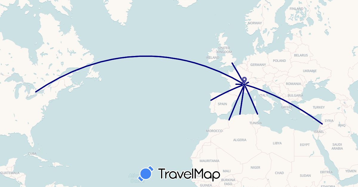 TravelMap itinerary: driving in Canada, Algeria, France, United Kingdom, Portugal, Syria, Tunisia (Africa, Asia, Europe, North America)